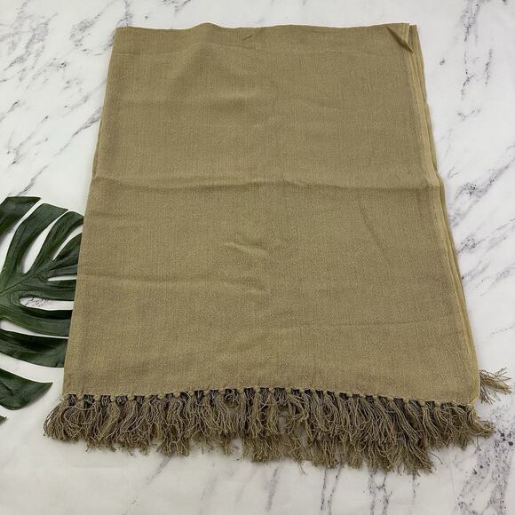 Pottery Barn Other - Pottery Barn Linen Cotton Blend Throw Blanket Tan Brown Fringe Woven 50x60 in